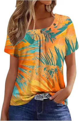 Summer Boho Peasant Shirts for Women Square Neck Pleated Blouse Short Sleeve Lace Trim Casual Loose Fit Tunic Tops