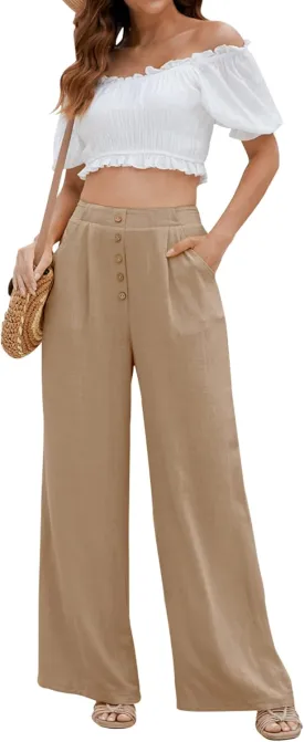 SVALIY Women Flowy Pants Cotton Linen Wide Leg Palazzo Pants Long Lounge Slacks High Waist Button Trousers Pocket