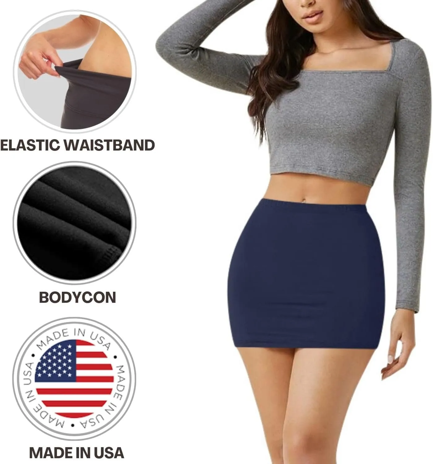 Sweet Hearts Womens Elastic Waist Mini Pencil Skirt - Cotton High Waist Above Knee Basic Bodycon Short Skirt Made in USA