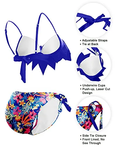 Sweetheart Neck Push Up Bikini Sets With Adjustable Spaghetti Straps-Royal Blue Floral