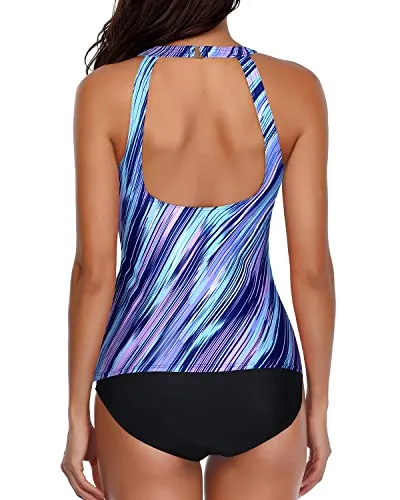 Trendy Striped Backless Tankini Two Piece Bathing Suit For Women-Blue And Black Stripe