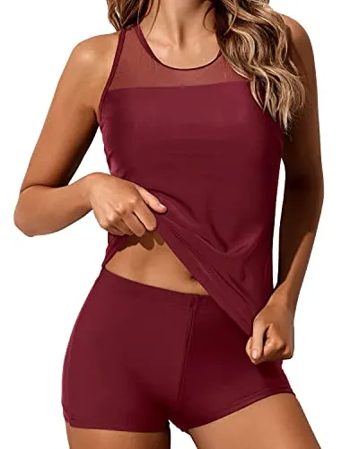 Tummy Control Racerback Tank Top Boy Shorts For Women's Swimwear-Maroon