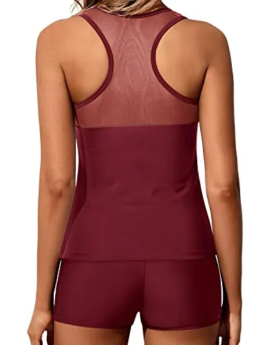 Tummy Control Racerback Tank Top Boy Shorts For Women's Swimwear-Maroon