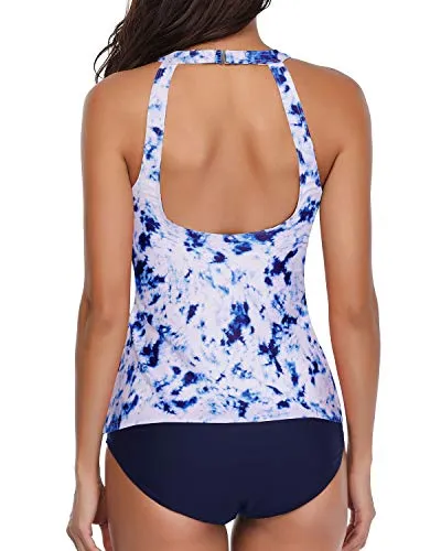 Tummy Control Scoop Neck Tankini Set For Women-Blue Tie Dye