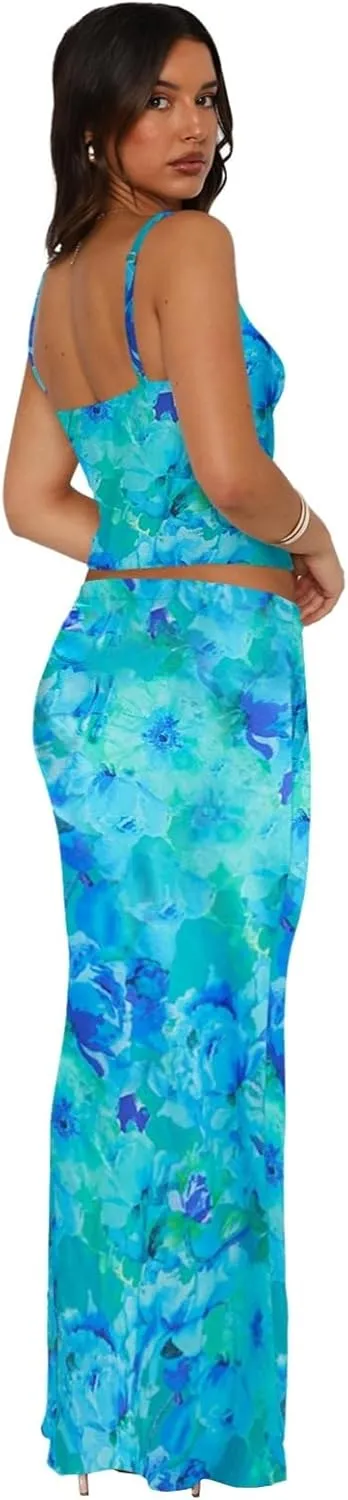 Two Piece Skirt Set for Women - Sexy 2 Pc Sleeveless Spaghetti Strap Pleated Tank Top Maxi Long Skirts Sets