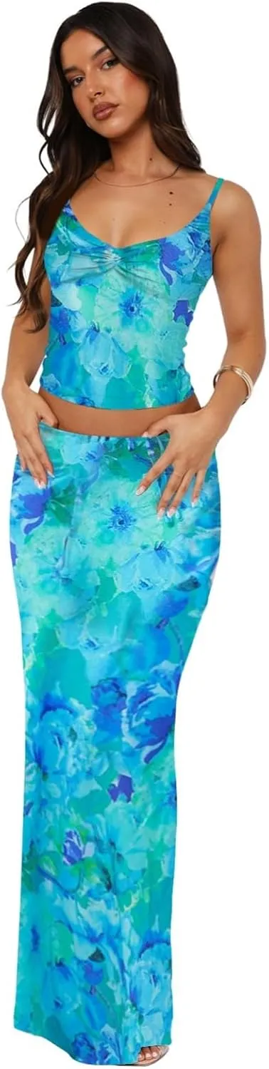 Two Piece Skirt Set for Women - Sexy 2 Pc Sleeveless Spaghetti Strap Pleated Tank Top Maxi Long Skirts Sets