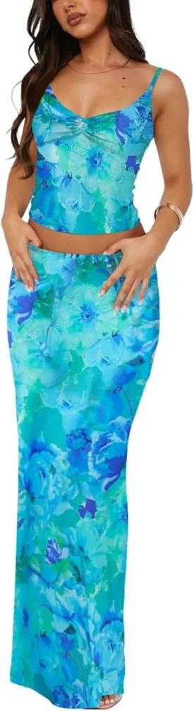 Two Piece Skirt Set for Women - Sexy 2 Pc Sleeveless Spaghetti Strap Pleated Tank Top Maxi Long Skirts Sets