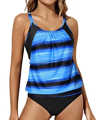 Two Piece Tankini Swimsuits Removable Pads Bathing Suits For Teen-Blue And Black Stripe