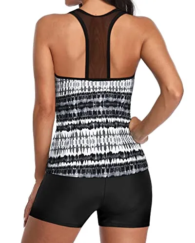 U Neck Tankini Set With Boyleg Shorts And Tummy Control For Women-Black And White Tribal
