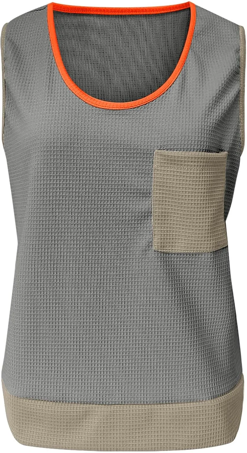 Waffle Knit Tank Top for Women Summer Trendy Oversized Scoop Neck Sleeveless Shirts Color Block Tops with Pocket