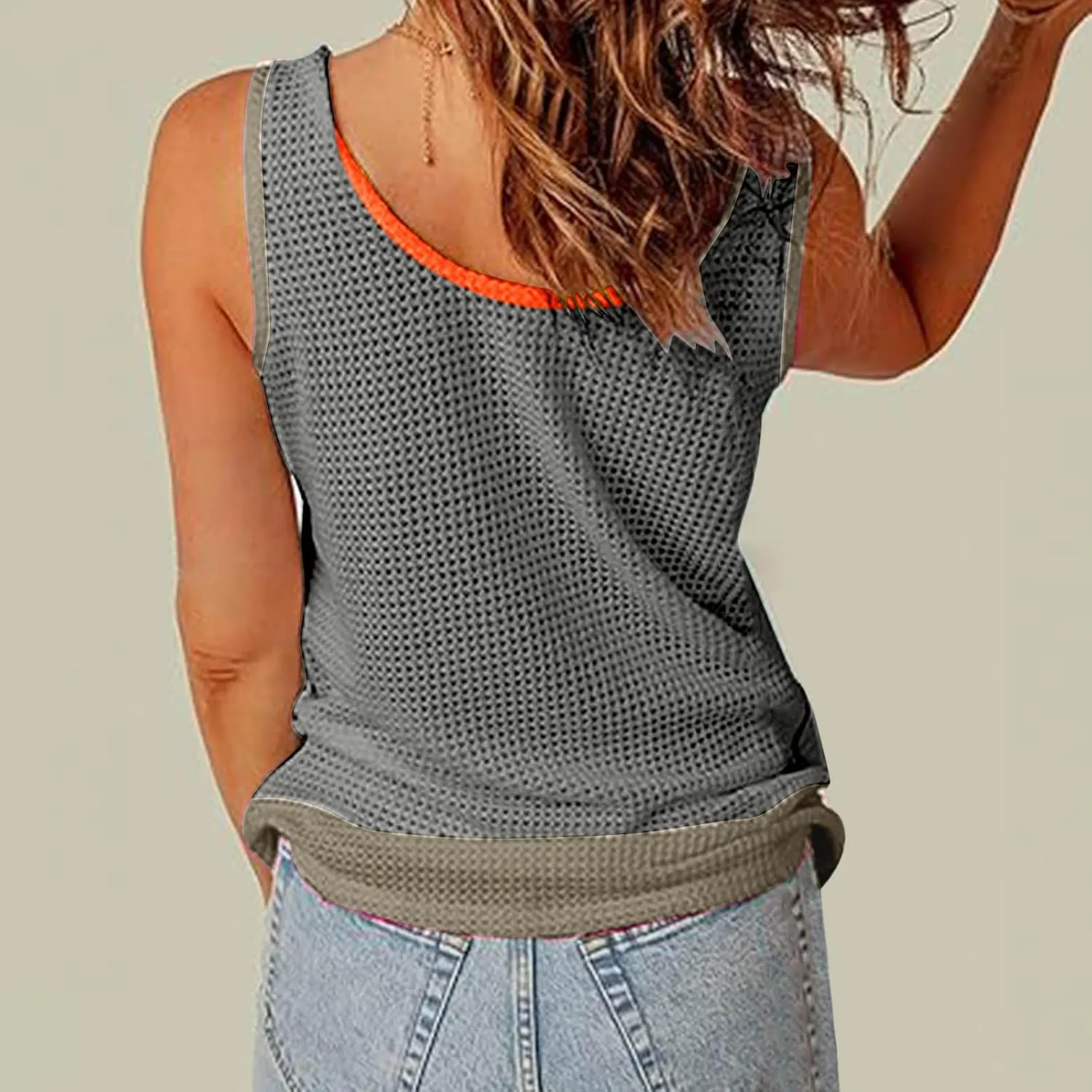 Waffle Knit Tank Top for Women Summer Trendy Oversized Scoop Neck Sleeveless Shirts Color Block Tops with Pocket
