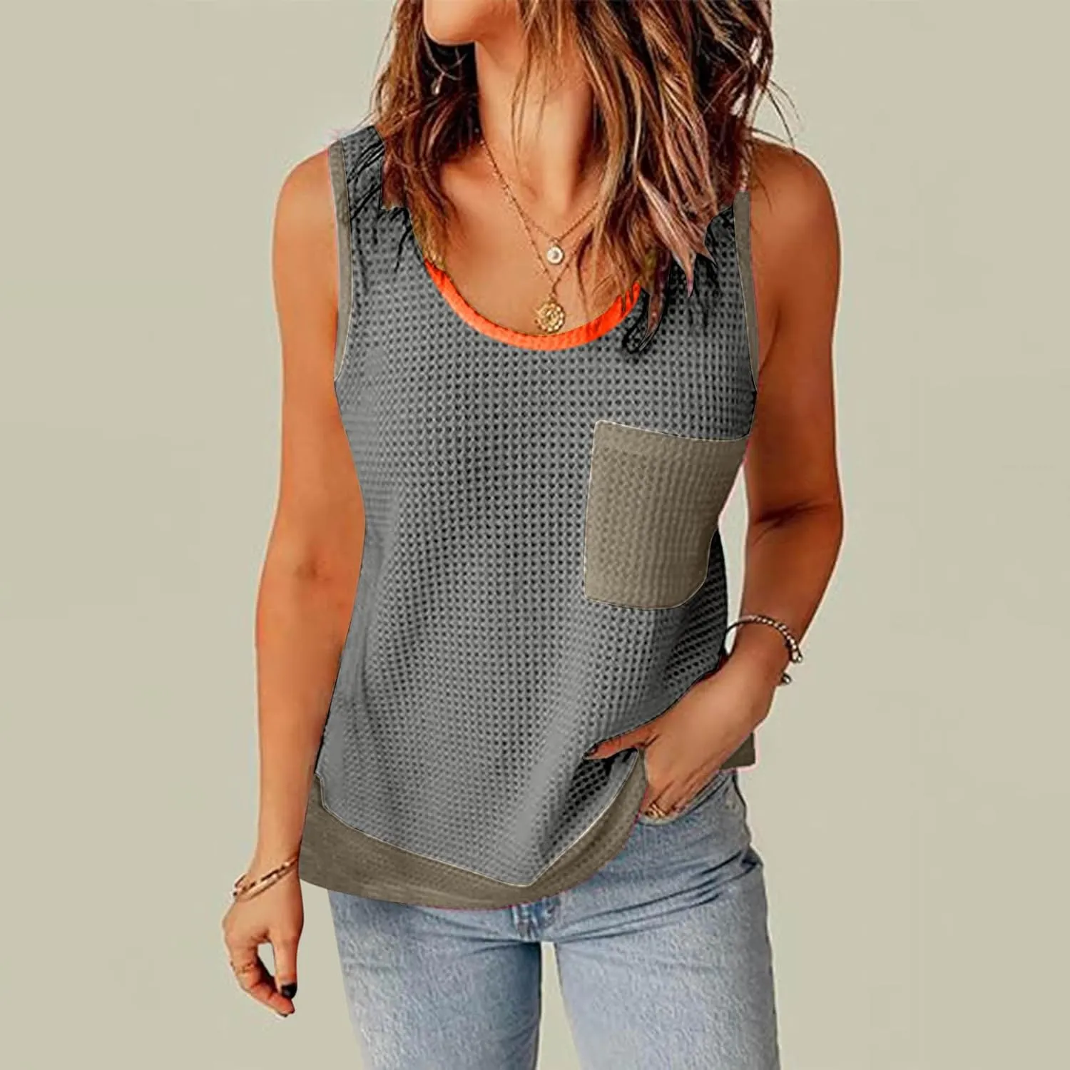 Waffle Knit Tank Top for Women Summer Trendy Oversized Scoop Neck Sleeveless Shirts Color Block Tops with Pocket
