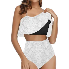 white Snake yoga_leggings_template High Waisted Ruffle Bikini Set (Model S13)