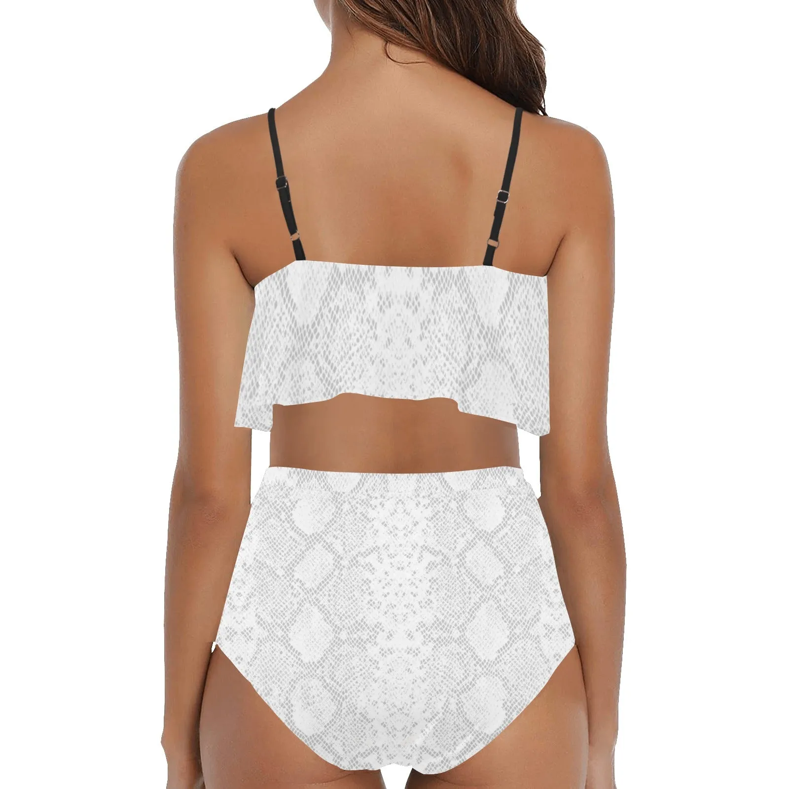 white Snake yoga_leggings_template High Waisted Ruffle Bikini Set (Model S13)