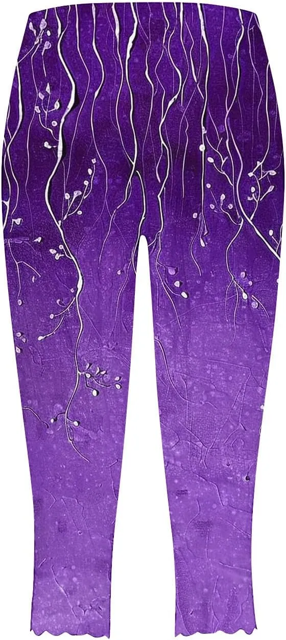 Women Capri Leggings Fashion Print High Waist Tummy Control Slim Yoga Cropped Trousers Stretchy Workout Outfits