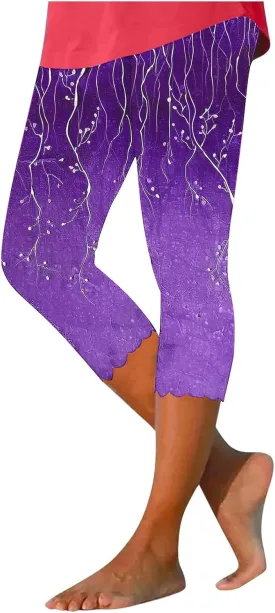 Women Capri Leggings Fashion Print High Waist Tummy Control Slim Yoga Cropped Trousers Stretchy Workout Outfits