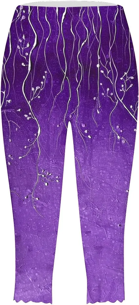 Women Capri Leggings Fashion Print High Waist Tummy Control Slim Yoga Cropped Trousers Stretchy Workout Outfits