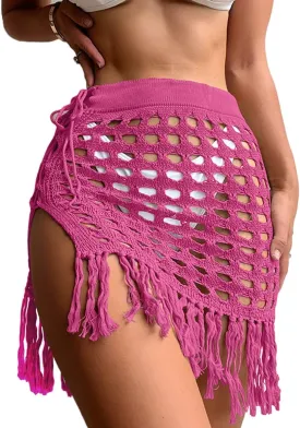 Women Crochet Cover Up Skirt High Waist Cutout Skirts with Fringe Lace-Up Side Mini Beach Cover Ups
