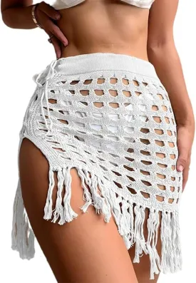Women Crochet Cover Up Skirt High Waist Cutout Skirts with Fringe Lace-Up Side Mini Beach Cover Ups