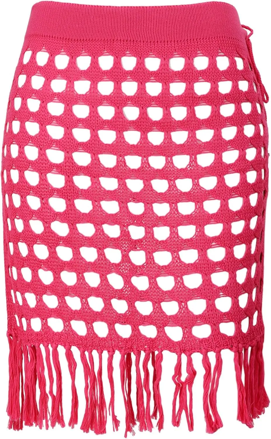 Women Crochet Cover Up Skirt High Waist Cutout Skirts with Fringe Lace-Up Side Mini Beach Cover Ups