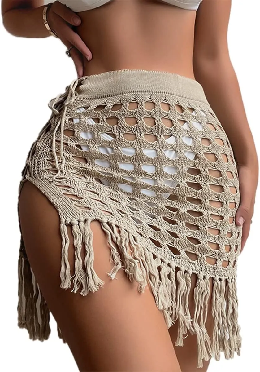 Women Crochet Cover Up Skirt High Waist Cutout Skirts with Fringe Lace-Up Side Mini Beach Cover Ups