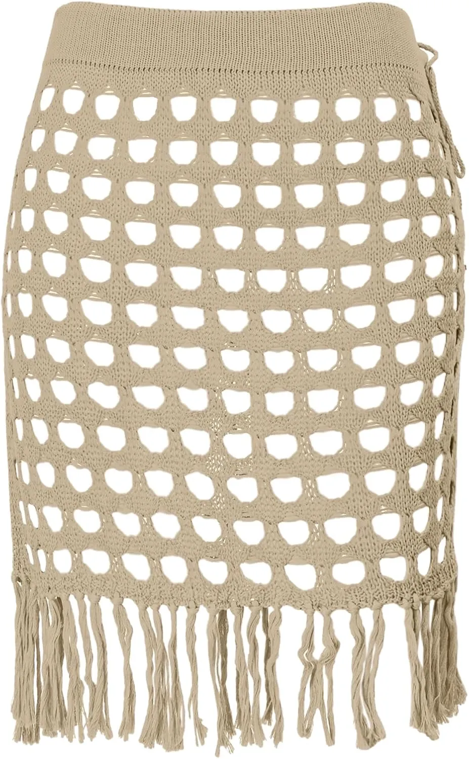 Women Crochet Cover Up Skirt High Waist Cutout Skirts with Fringe Lace-Up Side Mini Beach Cover Ups