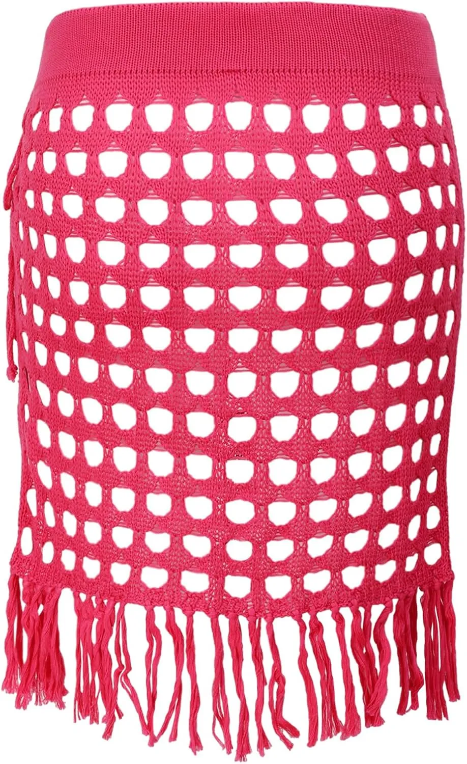 Women Crochet Cover Up Skirt High Waist Cutout Skirts with Fringe Lace-Up Side Mini Beach Cover Ups