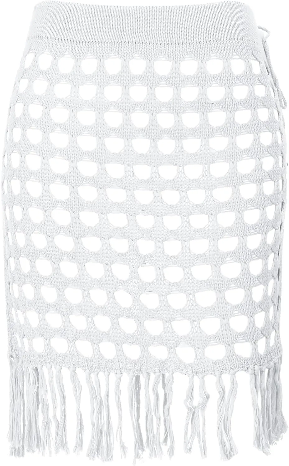 Women Crochet Cover Up Skirt High Waist Cutout Skirts with Fringe Lace-Up Side Mini Beach Cover Ups