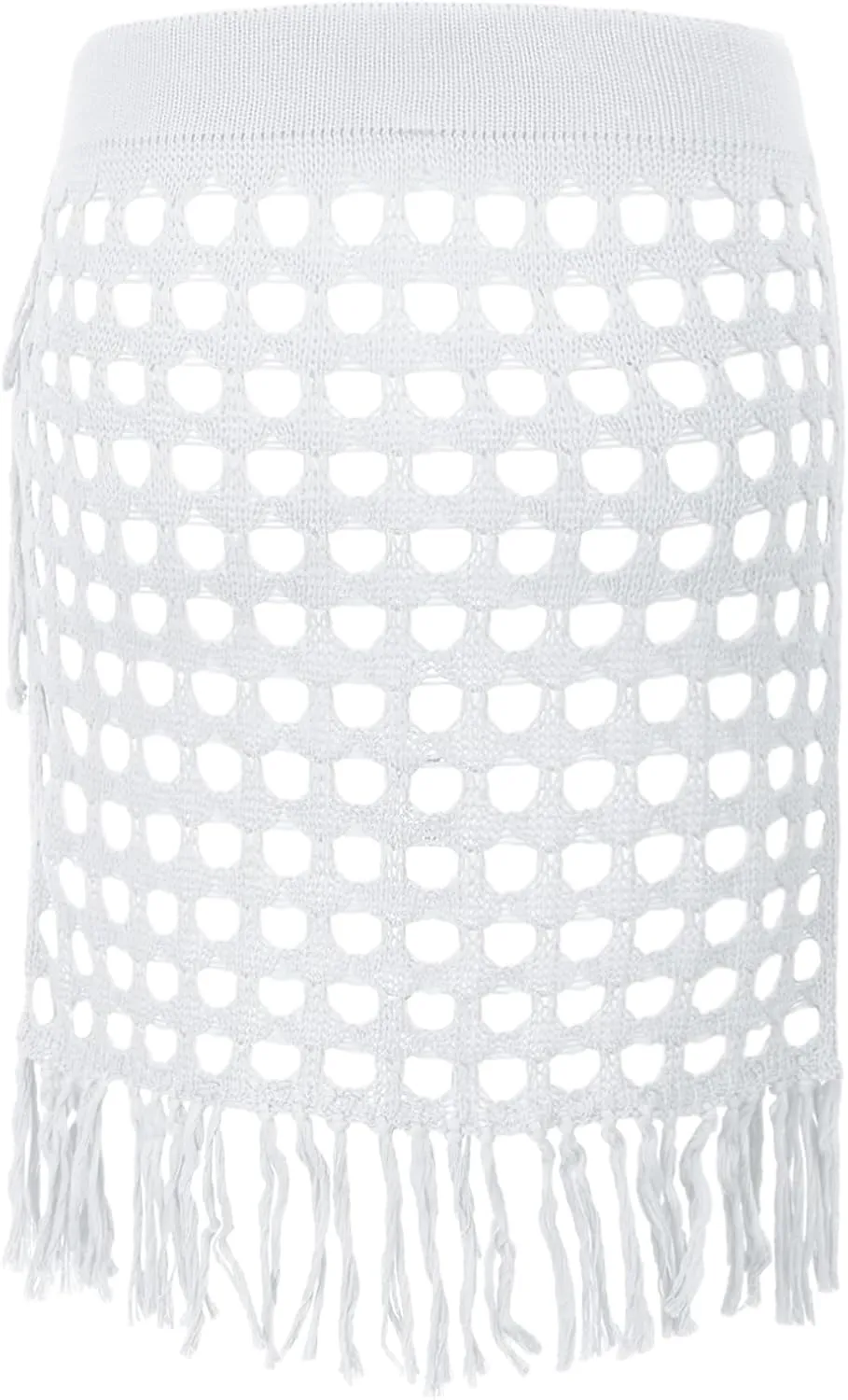 Women Crochet Cover Up Skirt High Waist Cutout Skirts with Fringe Lace-Up Side Mini Beach Cover Ups
