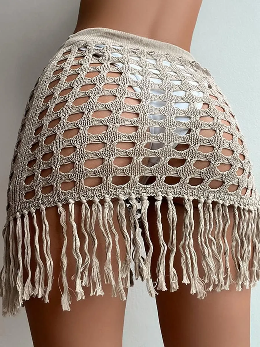Women Crochet Cover Up Skirt High Waist Cutout Skirts with Fringe Lace-Up Side Mini Beach Cover Ups