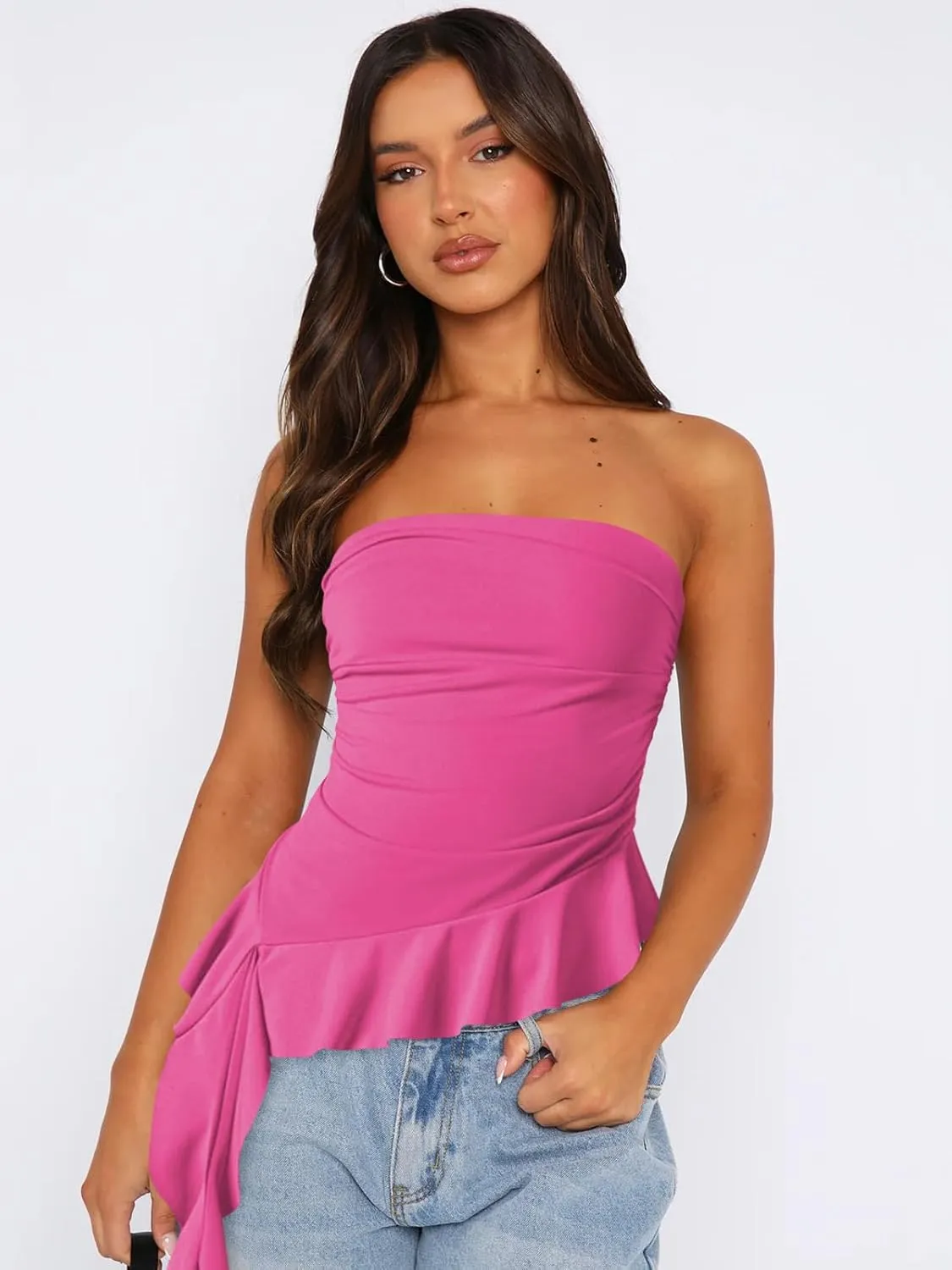 Women Strapless Tops Ruffled Asymmetrical Hem Tube Tops Ruched Bandeau Cami Tanks