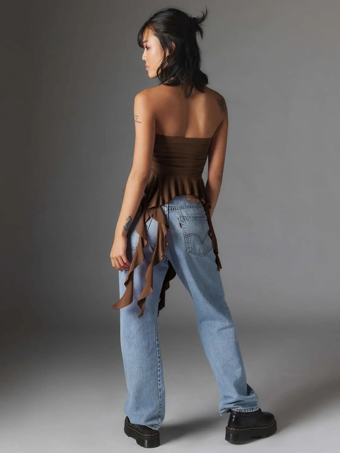 Women Strapless Tops Ruffled Asymmetrical Hem Tube Tops Ruched Bandeau Cami Tanks