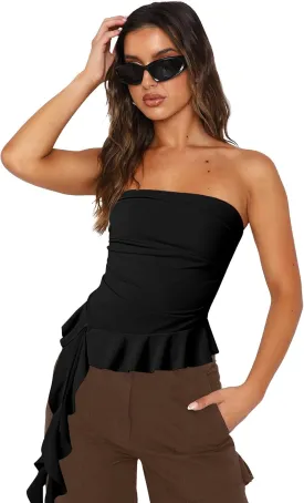 Women Strapless Tops Ruffled Asymmetrical Hem Tube Tops Ruched Bandeau Cami Tanks