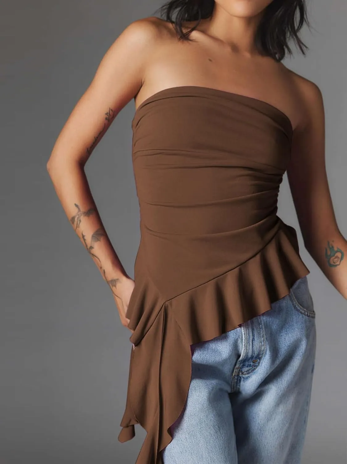 Women Strapless Tops Ruffled Asymmetrical Hem Tube Tops Ruched Bandeau Cami Tanks
