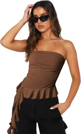 Women Strapless Tops Ruffled Asymmetrical Hem Tube Tops Ruched Bandeau Cami Tanks