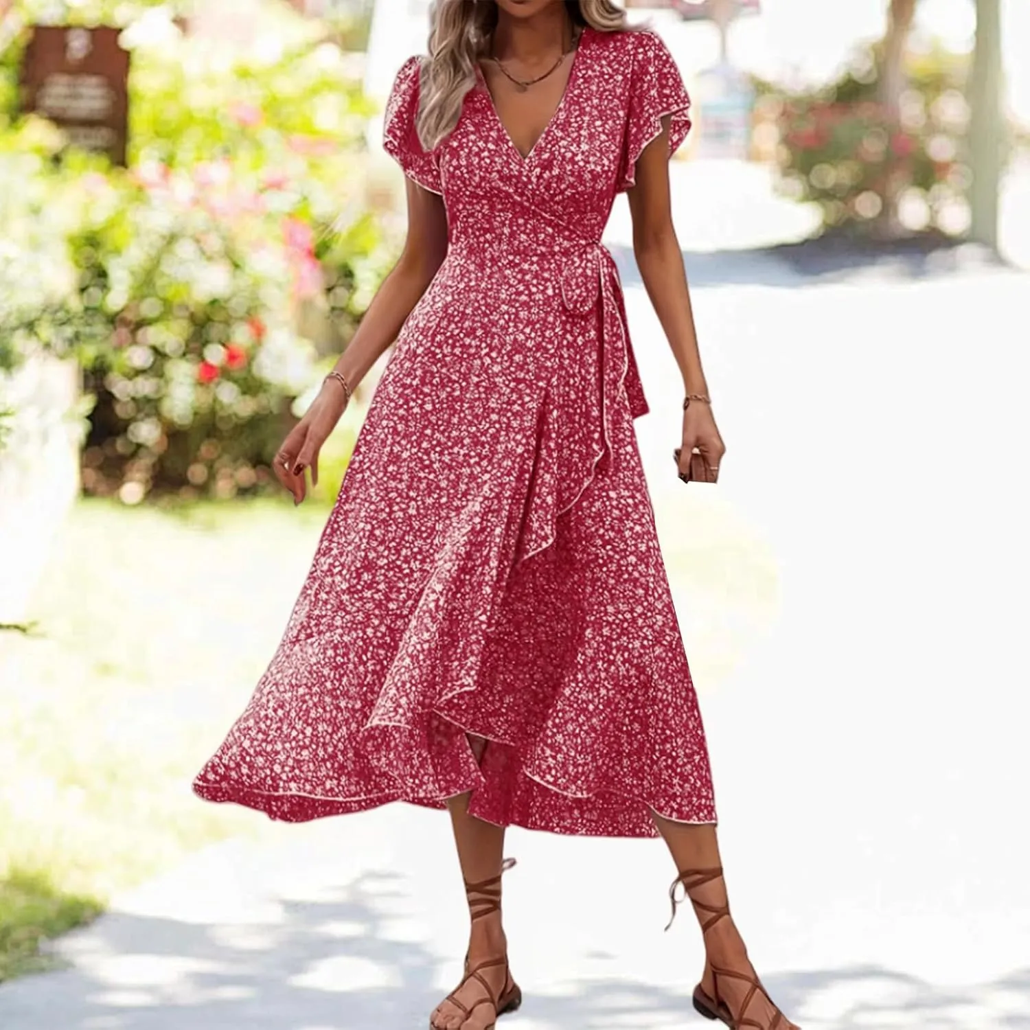Women Summer Bohemian Floral Dresses Printed Wrap Midi Dress Flutter Short Sleeve Ruffle Dress Beach Vacation Dresses