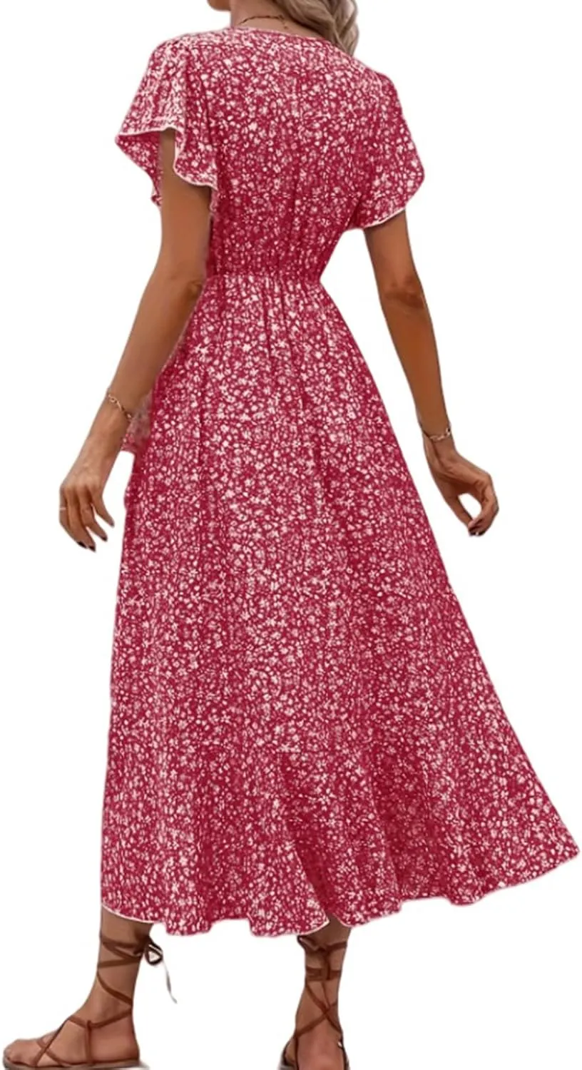 Women Summer Bohemian Floral Dresses Printed Wrap Midi Dress Flutter Short Sleeve Ruffle Dress Beach Vacation Dresses