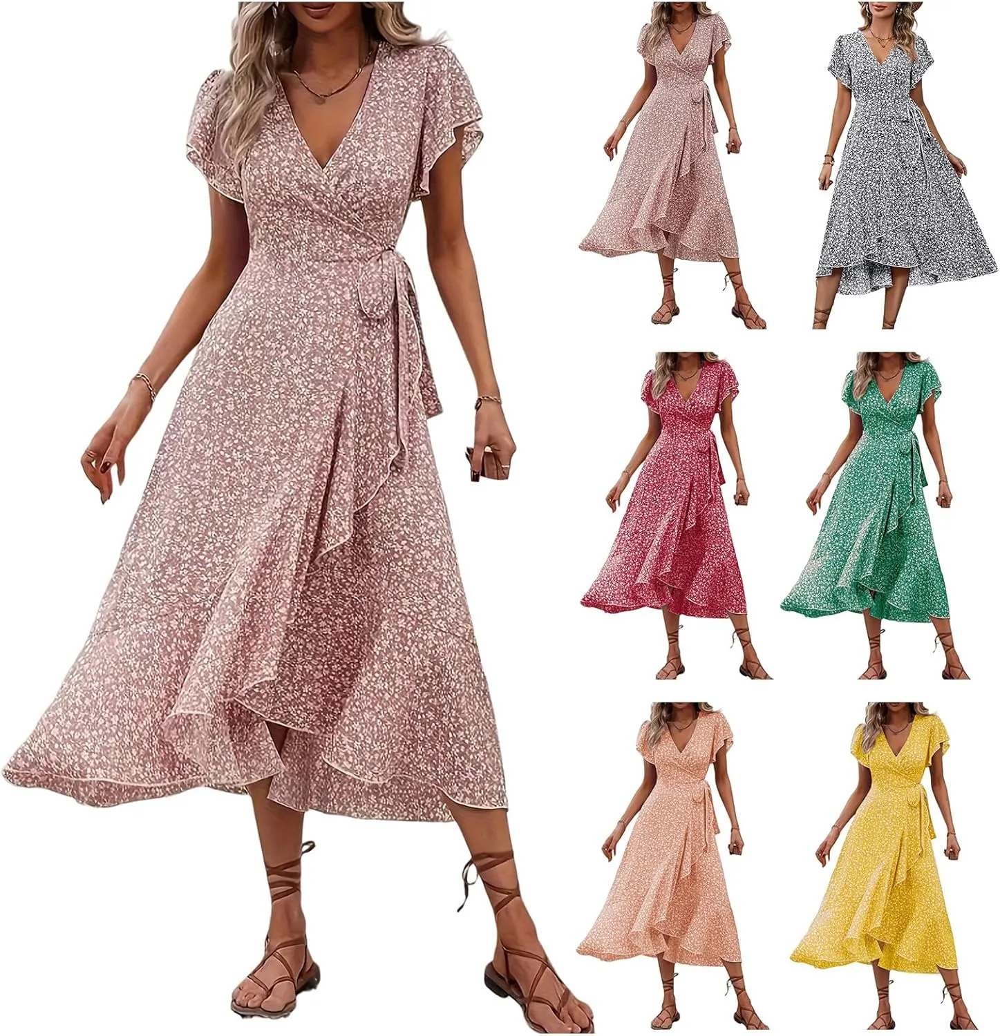 Women Summer Bohemian Floral Dresses Printed Wrap Midi Dress Flutter Short Sleeve Ruffle Dress Beach Vacation Dresses