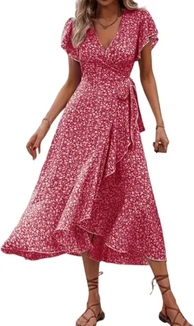 Women Summer Bohemian Floral Dresses Printed Wrap Midi Dress Flutter Short Sleeve Ruffle Dress Beach Vacation Dresses