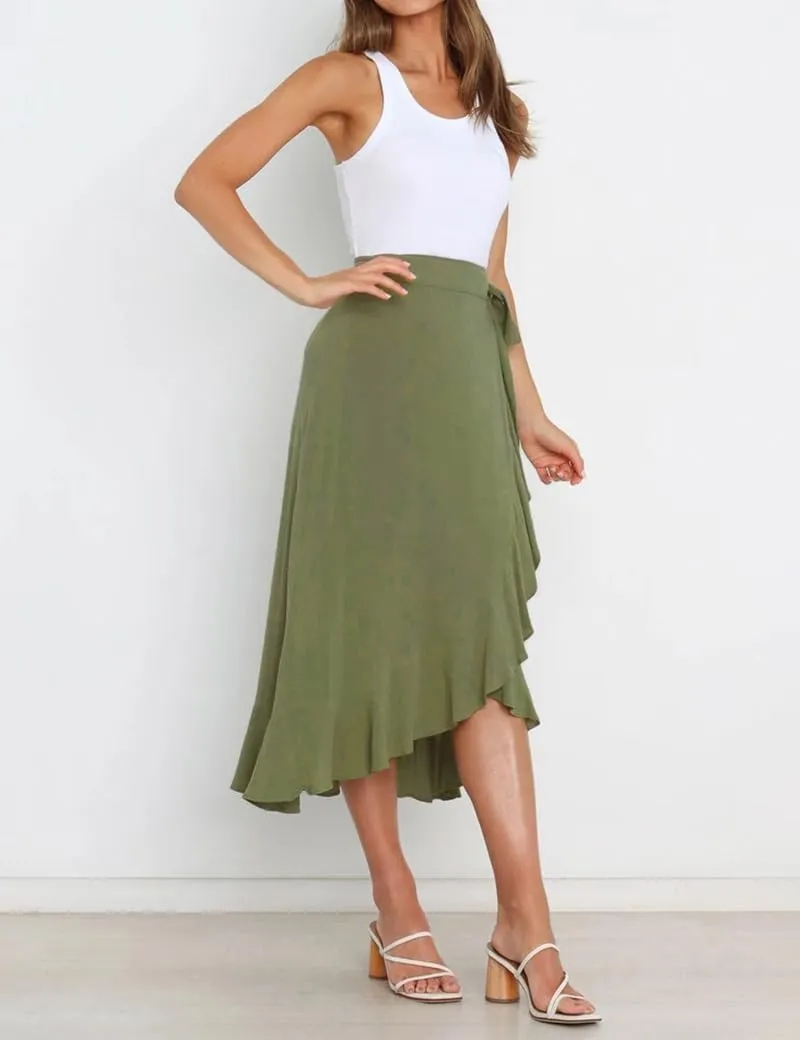 Women Summer High Waist Wrap Ruffled Side Slit Adjustable Waistband Midi Skirt