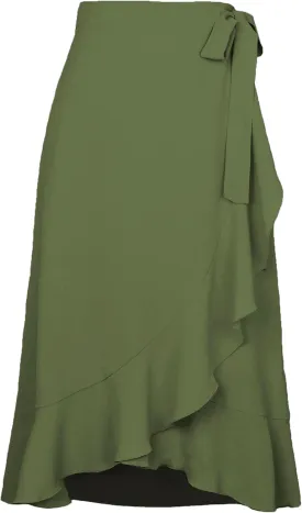Women Summer High Waist Wrap Ruffled Side Slit Adjustable Waistband Midi Skirt