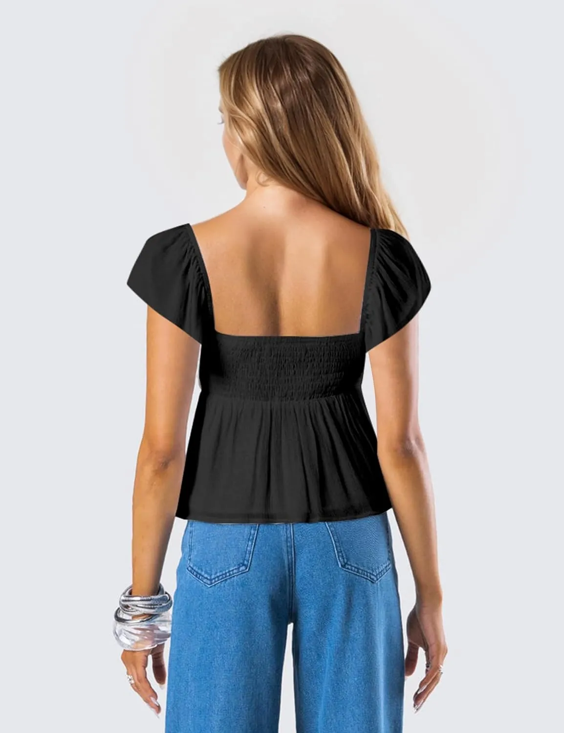 Women Sweetheart Neck Ruched Bust Peplum Hem Tank Top Ruffled Cap Sleeve Smocked Back Solid Flowy Tshirt Tops