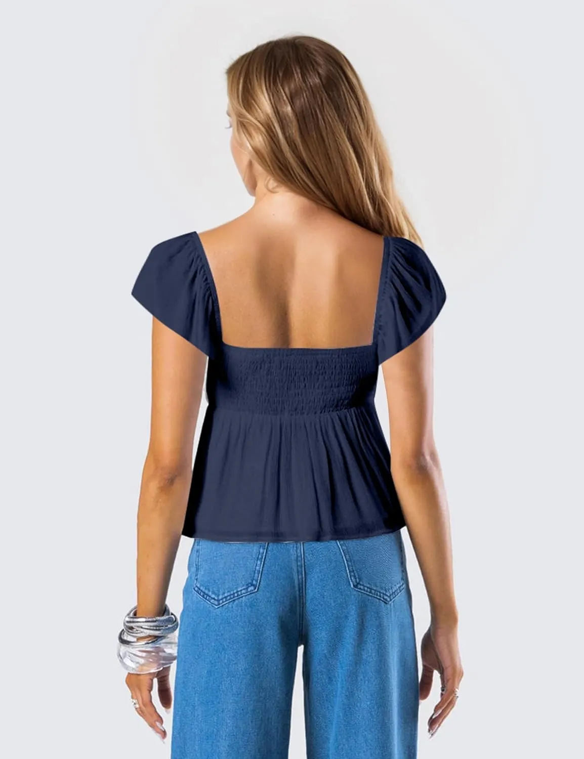 Women Sweetheart Neck Ruched Bust Peplum Hem Tank Top Ruffled Cap Sleeve Smocked Back Solid Flowy Tshirt Tops