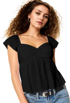 Women Sweetheart Neck Ruched Bust Peplum Hem Tank Top Ruffled Cap Sleeve Smocked Back Solid Flowy Tshirt Tops