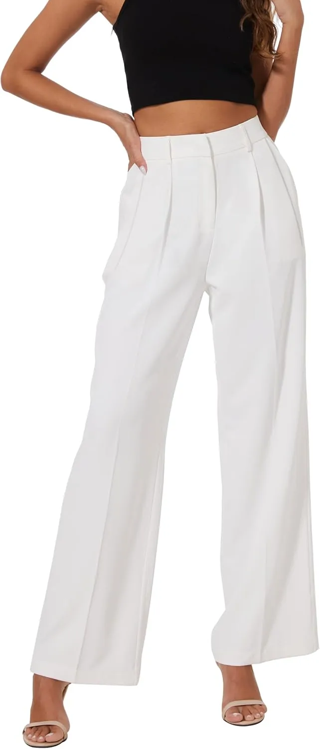 Women Wide Leg High Waist Wide Leg Pants Loose Fit Back Elastic Waist Pleated Front Trousers for Work Casual