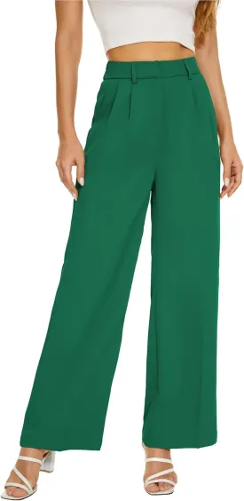 Women Wide Leg High Waist Wide Leg Pants Loose Fit Back Elastic Waist Pleated Front Trousers for Work Casual