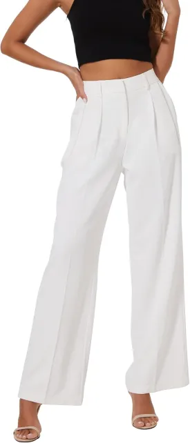 Women Wide Leg High Waist Wide Leg Pants Loose Fit Back Elastic Waist Pleated Front Trousers for Work Casual