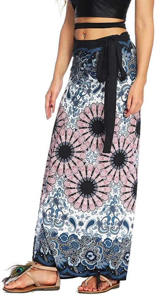 Women's Boho Bohemian Hippie Skirt Long Maxi Print Wrap Skirt Cover up Maxi Asymmetrical Summer Beach Skirt One Size