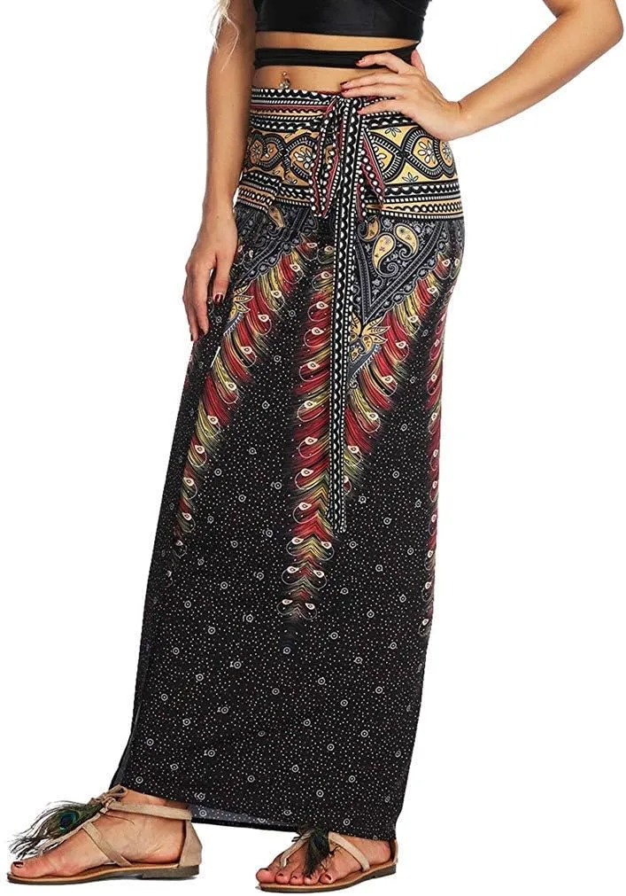 Women's Boho Bohemian Hippie Skirt Long Maxi Print Wrap Skirt Cover up Maxi Asymmetrical Summer Beach Skirt One Size
