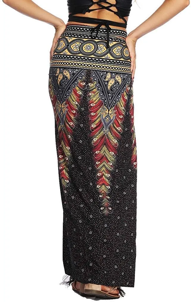 Women's Boho Bohemian Hippie Skirt Long Maxi Print Wrap Skirt Cover up Maxi Asymmetrical Summer Beach Skirt One Size